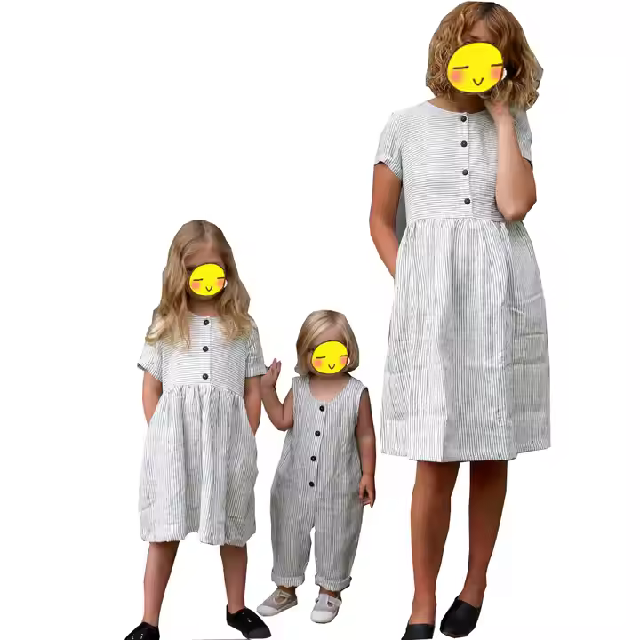 Guangzhou Casual Stripe Mom and Girl Family Matching Outfits Dress Factory Summer Cotton Linen Dresses With Wooden Button Front