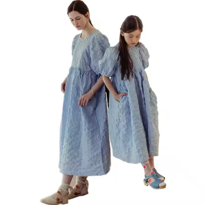 Family Solid Pattern Woven Clothing Sets Mother and Daughter Fitted Dress with Ruffle Decorations Parent-Child Outfit