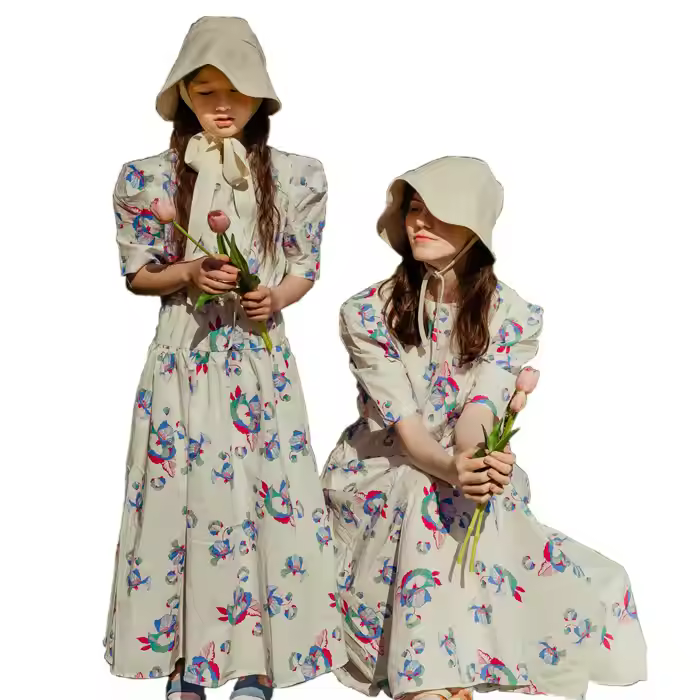 OEM or ODM Latest Design Fashion Style Cotton Elegant Floral Print Long Length Mommy and Me Dress Parent-child Dress