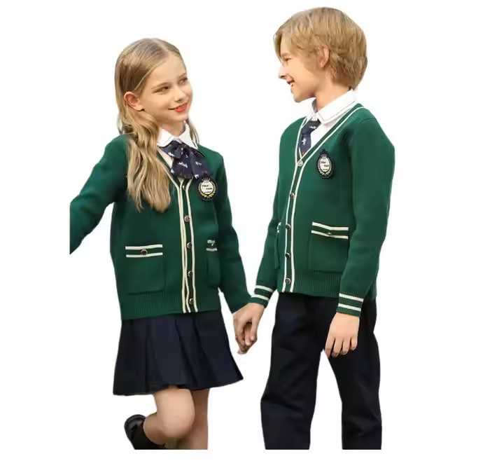 Customized Girls and Boys Green Formal Primary Knitting School Uniform New Model ODM Wholesale Kids School Uniforms