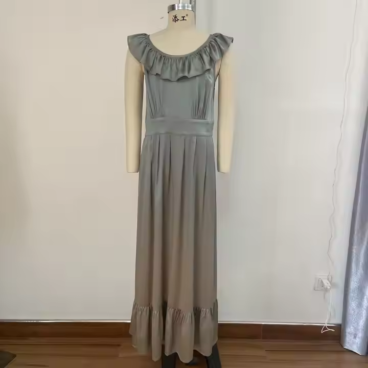 Custom Top Grade Silk Soft Nightdress Women Elegant Durable Satin Dresses Pajamas Midi Length Ruffle Round Neck Sleepwear