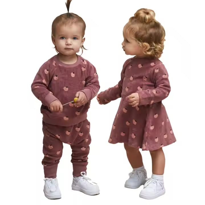 Trendy Casual Style Printed Cotton Towel Fabric Clothing Set for Baby Girls Winter Trendy Toddler Kids Clothing