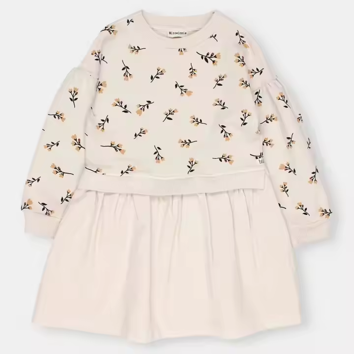 OEM Boutique Fashion Design Kids Girls One Piece Casual Dress Cotton Fabric Floral Print Top Solid Bottom Dress Winter