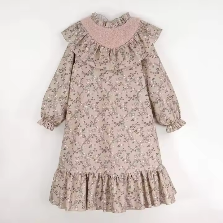 New Design Children's Clothing Factory Custom Girls Winter Dress With Bodice Ruffle Long Sleeve Floral Dress for Children