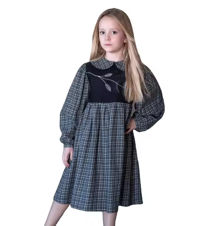 Fashion Kids Girls Dress Infant Baby Clothing Custom Children Casual Long Sleeve Dress With Bodice Embroidery Matching Clothes