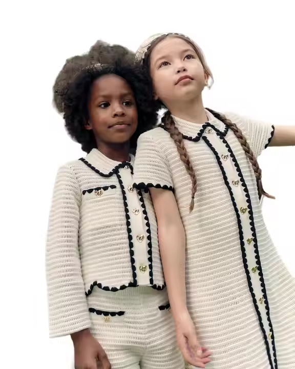 Custom logo Private Label Children's Autumn Winter Sweater Turn Down Collar Dress With Trim Design Guangzhou Factory