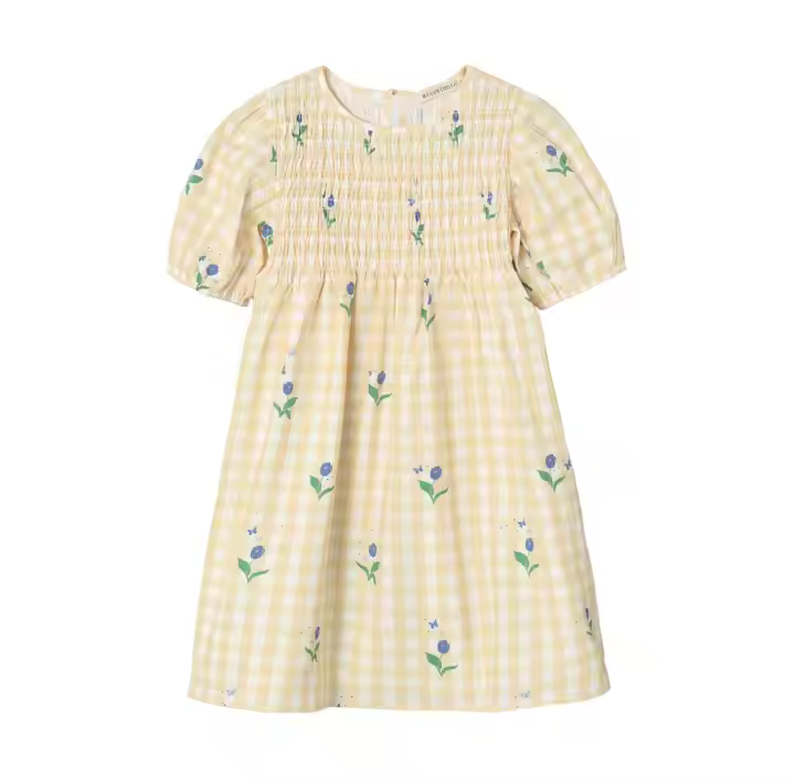 Casual Style Short Sleeve Seersucker Cotton with Floral Print Smocking Dress for Kids Girls Summer Dress