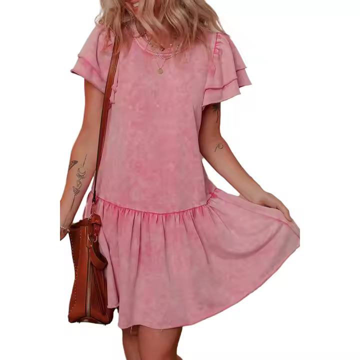 Custom Vintage Pink Cotton Girls Dress for Teenage Girls 12-20 Years O-Neck Raw Edge Ruffle Mineral Acid Denim Stone Wash ODM
