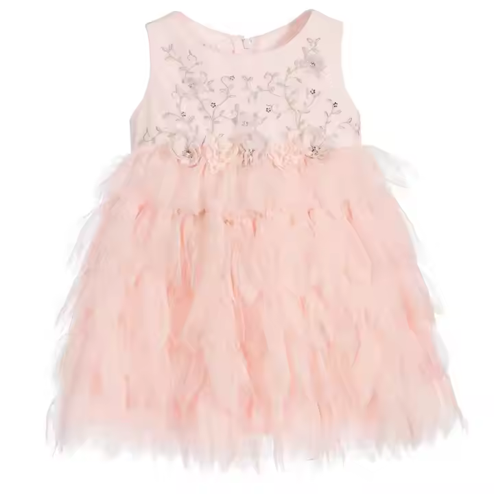 Girls Summer Party Sleeveless Half-Length Baby Dress Tulle Lace Fashion Design O-Neck Rhinestone Embellishment for Children
