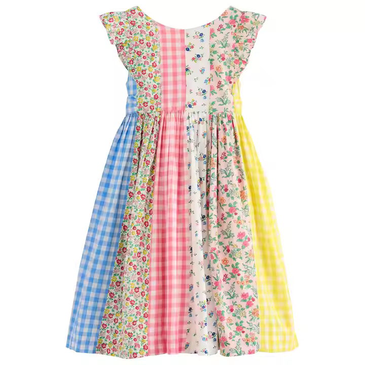 100% Cotton Custom Girls Dresses for 2-12 Years Colorful Plaid & Floral Pattern with Back Bow Summer Children's Clothing