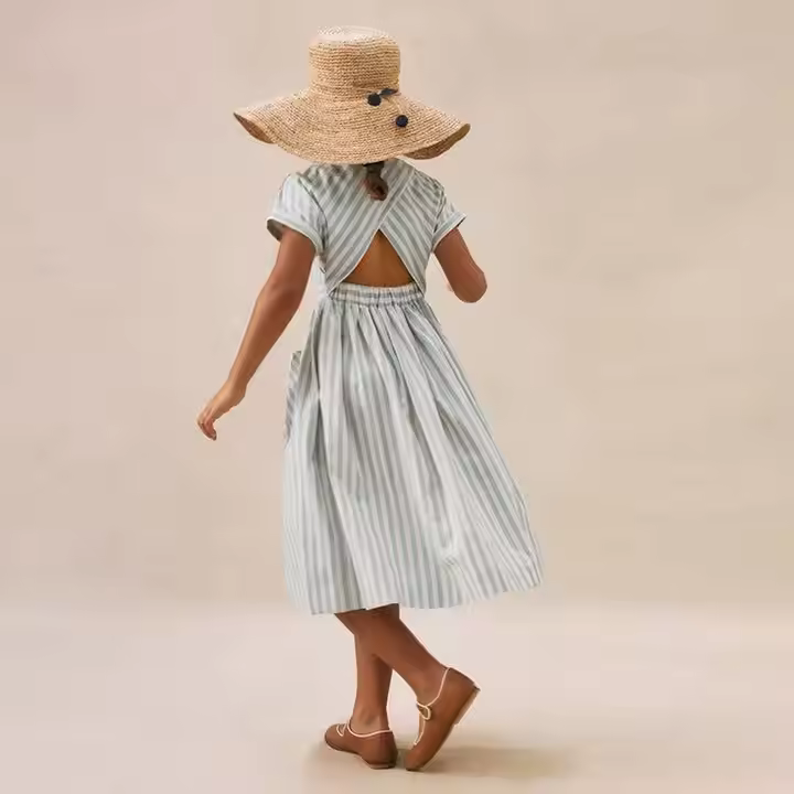 OEM Women's Striped Dress Mid-Length Skirt with Slim Fit Short Sleeves for Summer Girls' Dress High Quality Clothing Factory