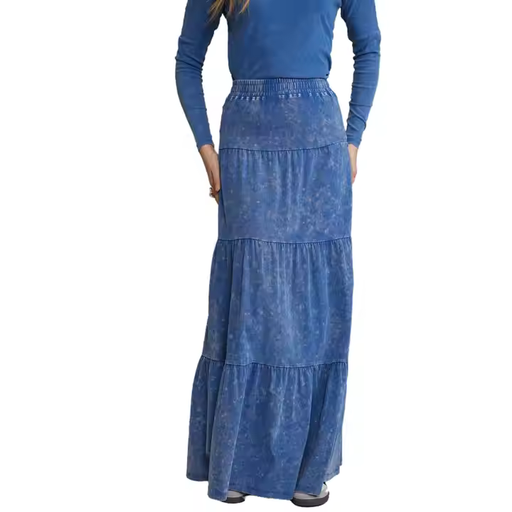 OEM and ODM Long Tiered Vintage Style Mineral Acid Denim Wash Skirt for Girls Breathable Fashion for Teenage Children