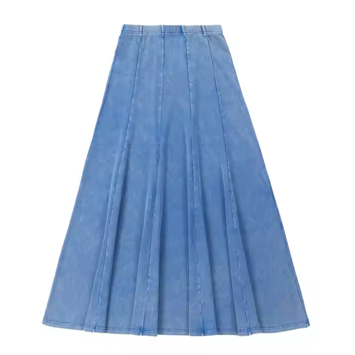 Custom Denim Blue Acid Wash Jersey Cotton Maxi Skirt for Teens Private Label with Elastic Waist Band for Children