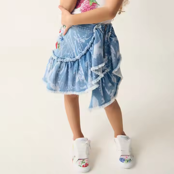 Custom 100% Cotton Girls Denim Skirt Asymmetrical Floral Embroidered Special Wash with Frayed Edges Short Style