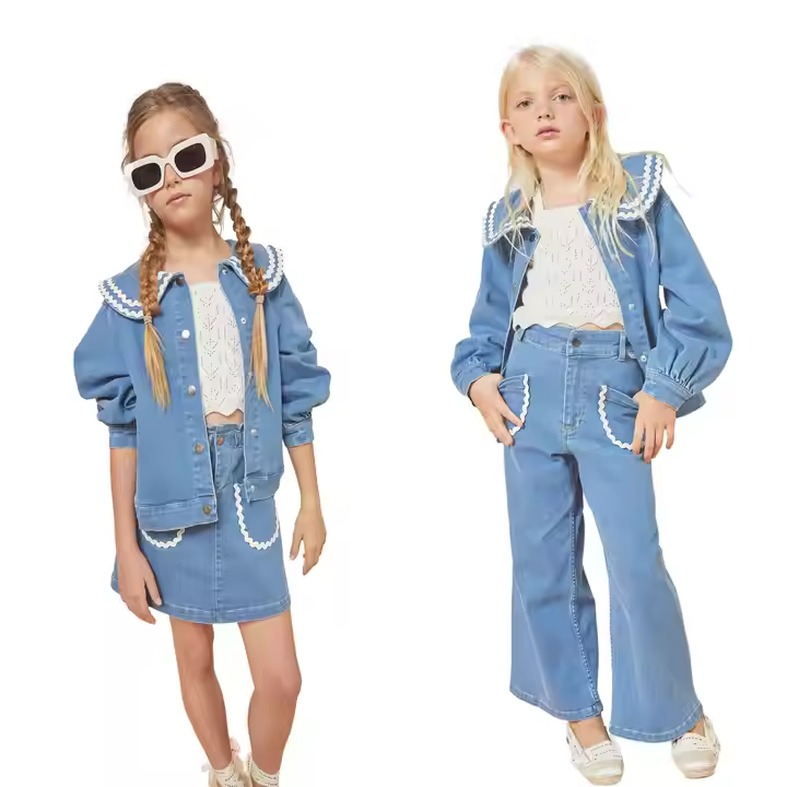 Guangzhou Custom 3-Piece Girls Denim Clothing Set Jacket Pant Skirt for Kids Customizable Children's Jeans