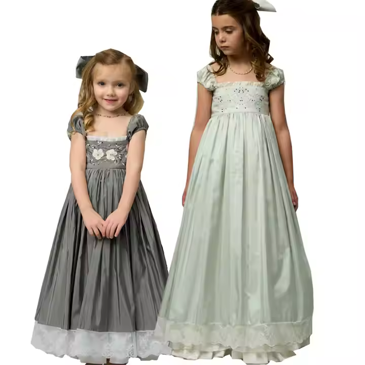 2025 OEM Children's Clothing Dress, Cup-sleeve square Collar, Children's Party Long Dress for Girls Aged Long Floor-length Dress