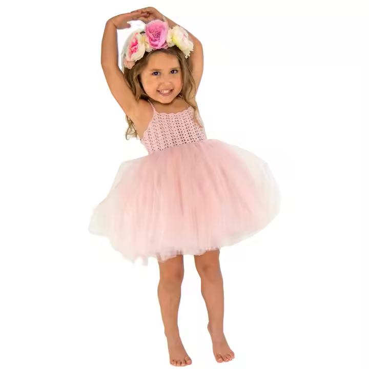 Sweet Style Pink Crochet Lace Tutu Dress for Baby Girl Solid Pattern Summer Knit Tutu Sweater Dress