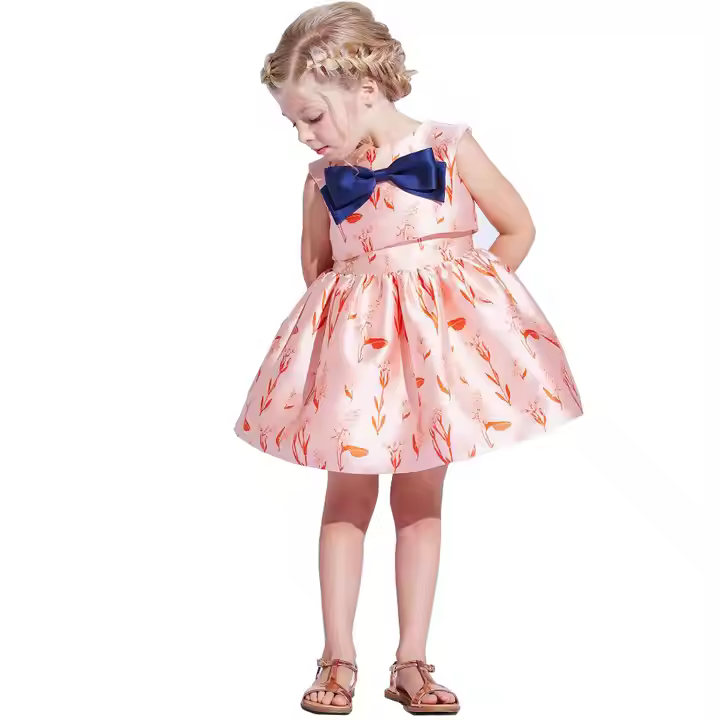 Boutique Sweet Style Children Clothing Lovely Organic Cotton Printed Bow Birthday Princess Dress Baby Girls Party Dresses