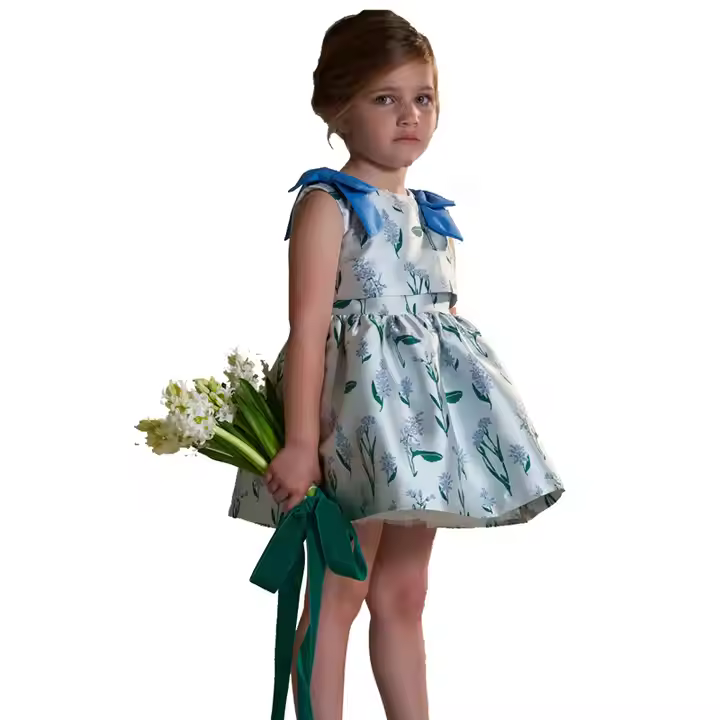 Formal Floral Printed Girls Party Dress for 7-Year-Old Kids Mini Length With Bow Decoration for Spring Season