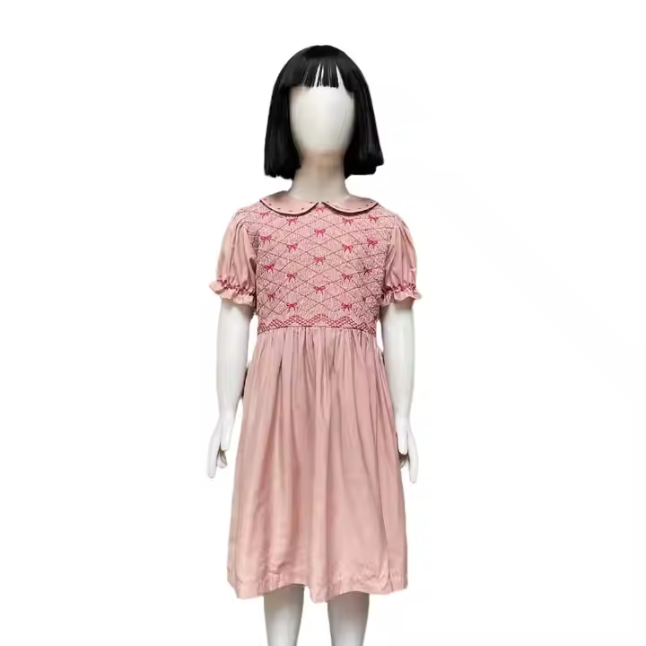 Kids Fuchsia Smocking Designs Latest Lattice Pattern Plain Dyed Technics Summer Girl Dress