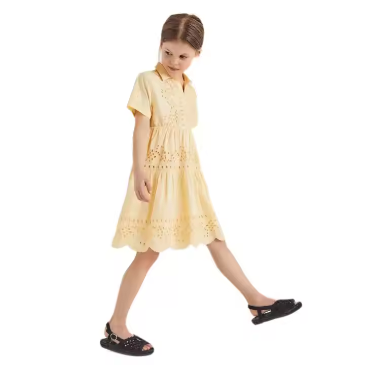 2025 Good Quality Woven Plain Turn-down Collar Eyelet Girls Party Dress A-Line T-Shirt Dress for Kids Autumn Knee-Length Flower