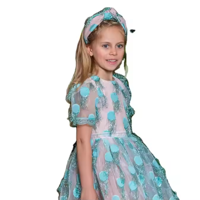 New Model Girl Dress Baby Girl Night Gown Evening Prom Dress Party Blue Polka Dresses for Girls