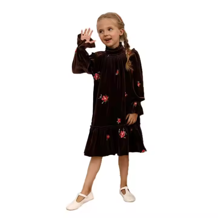 Customized Guangzhou Factory Girls Dress Vintage Embroidered Velvet Spring Smocked Dress Long Sleeve OEM/ODM