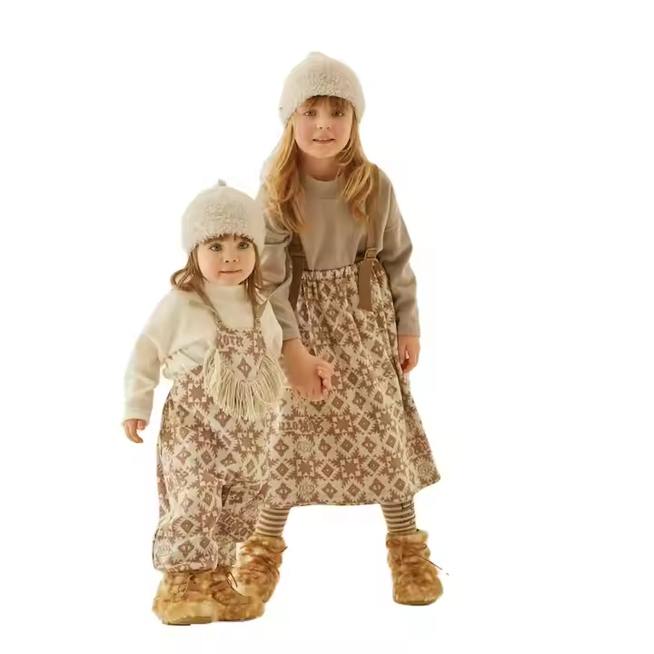 2025 Girls Clothing Customized Full Print Sister Matching Skirt and Suspenders Fashion Winter Clothes for Kids