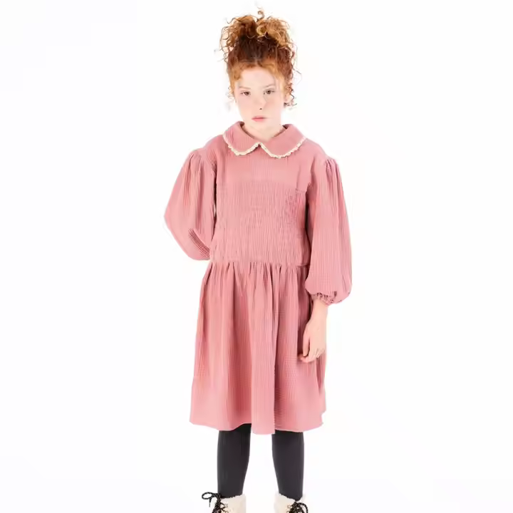 New Popular Custom Girls Dress Solid Pattern Cotton with Pleat Decoration for Autumn Season Designed Exclusively for Children