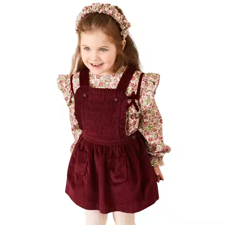 Custom Vintage Burgundy Corduroy Jumper for Girls Kids Dress With Two Pockets
