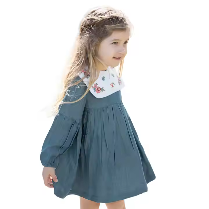Custom Brand Latest White Bib Floral Embroidery Collar Dress Design Vintage Style Toddler Girl's Baby Girl Dresses