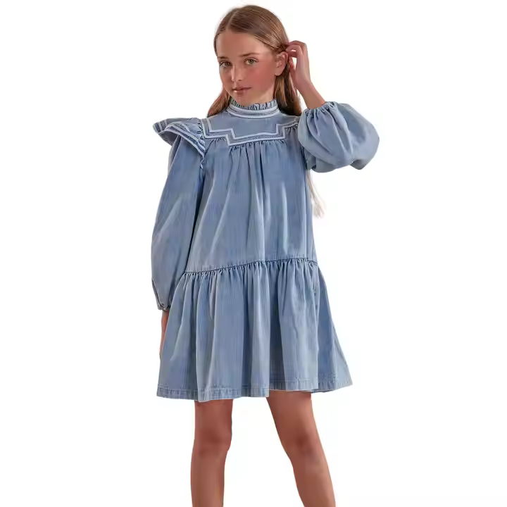 Custom Light Blue Long Sleeve Kids Denim Dress Fall Formal Acid Wash With Ruffle Detail on Sleeve Latest Design for Girls