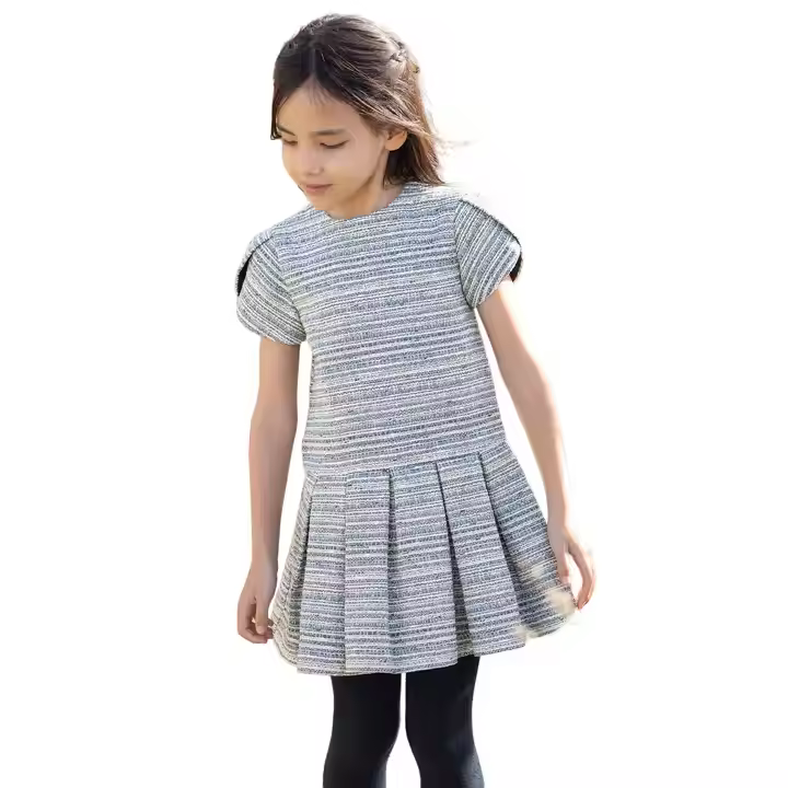 Custom 2024 Fall/Autumn Girls Tweed Short-Sleeve Dress With Pleats New Fashion Formal ODM for Children for Winter