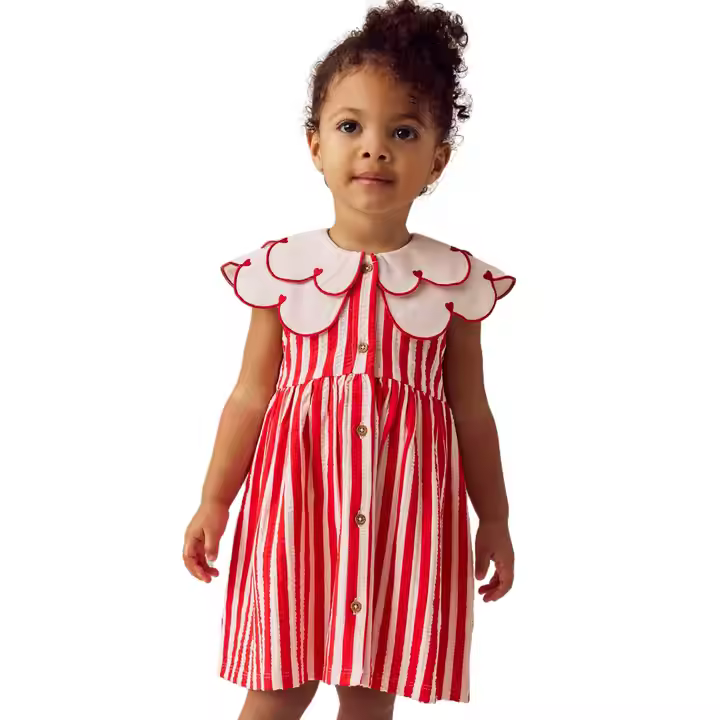 Custom Summer Fashion Embroidery Toddler Girls Dresses Stylish Cotton with Red Stripe & Scallop Collar