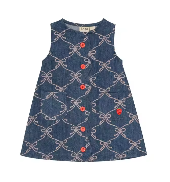 Kids Girls' Fashion Casual Summer Dress Sleeveless Denim Knee-Length Bow Tie Print Vintage Style OEM & ODM
