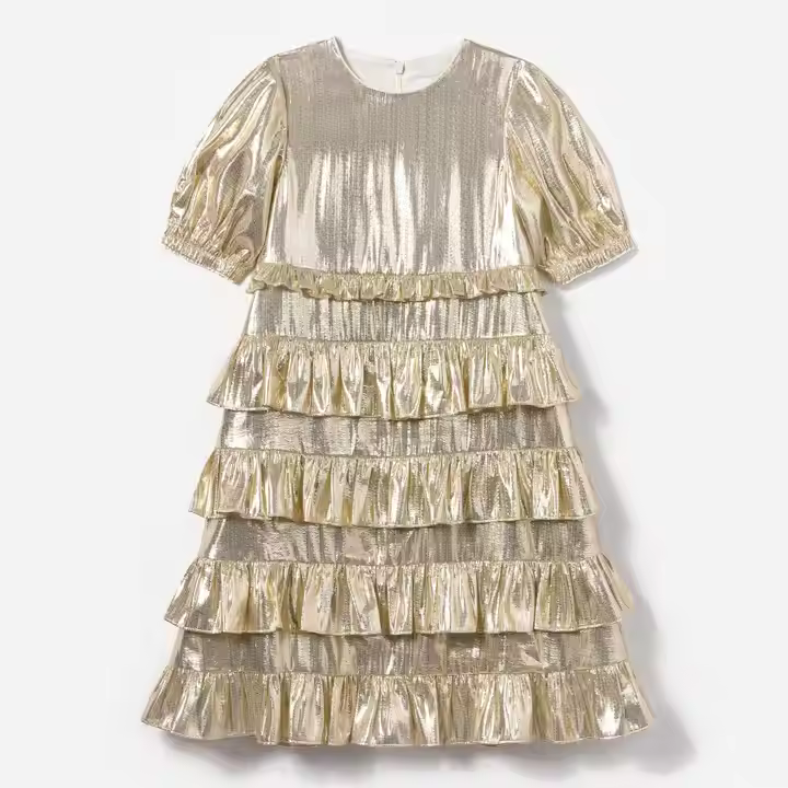 Custom Elegant Gold Metallic Frill Short Sleeve Girls Dresses Solid Pattern Woven Fabric ODM Supply for Children Aged 2-12