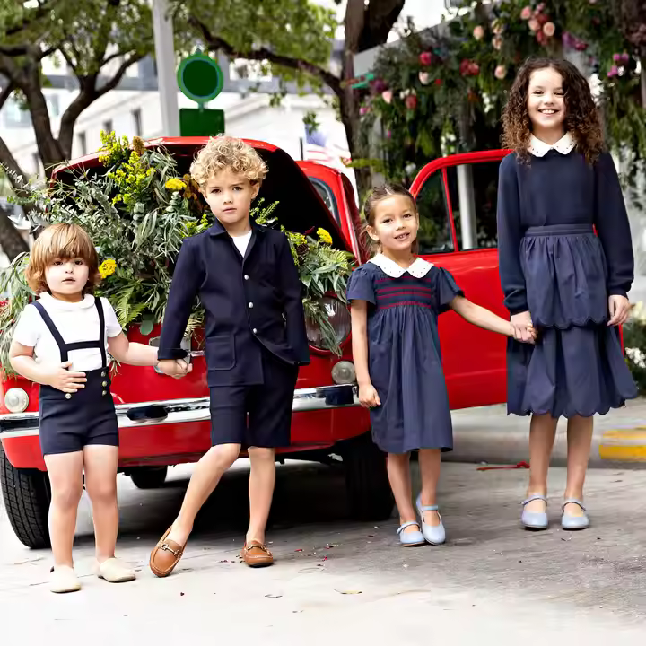 OEM ODM Navy Blue Girls Dress Set Brother Sister Matching Outfits with Embroidered Collar Knit Sweater and Skirt