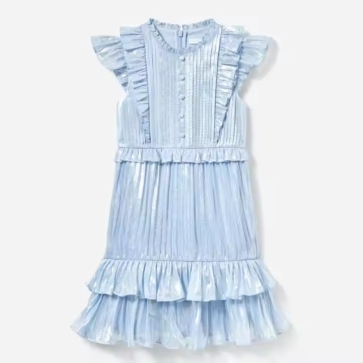 Custom Blue Metallic Ruffle Summer Dress for Girls 10-14 Years Manufactured Sleeveless Teen Girl Clothing