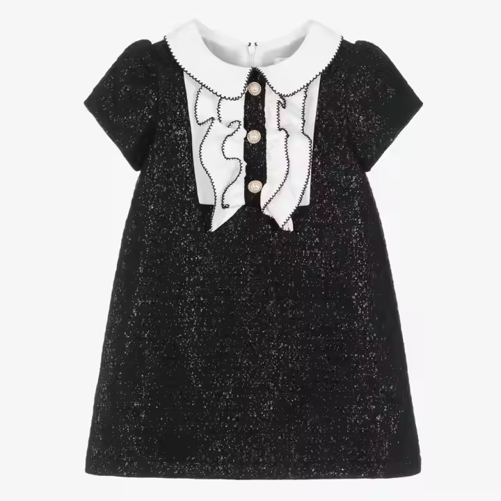OEM ODM Shimmery Black Tweed-Style Girls Dress with Peter Pan Collar Short Sleeve Summer Look for Teenagers and Children