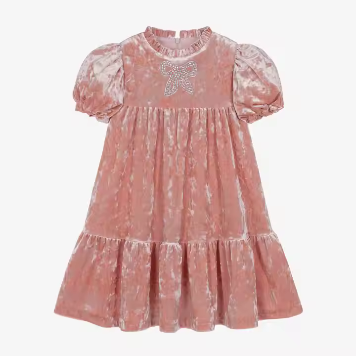 Custom Girls Kids Summer Velvet Dresses with Short Puffy Sleeves and Diamond Bow Knee-Length Quality Velvet for Children