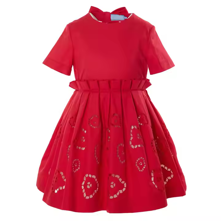 Elegant Custom Cotton Girls Dresses for Young Girls with Pleats & Laser Cut Embroidery Children's Clothing