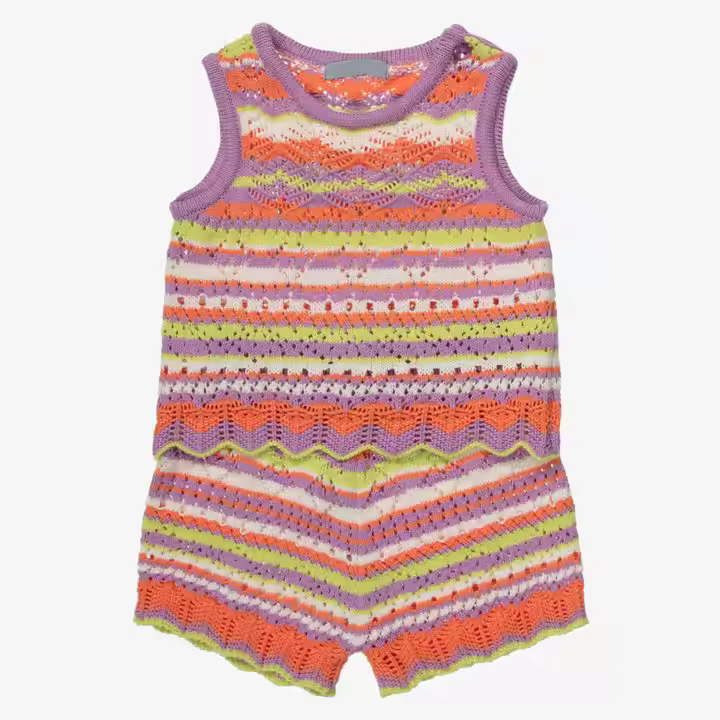 Custom Summer Girl Knit Shorts 2-Piece Set with Purple Stripe Tops 100% Cotton Casual Style for Kids aged 8-12 Years