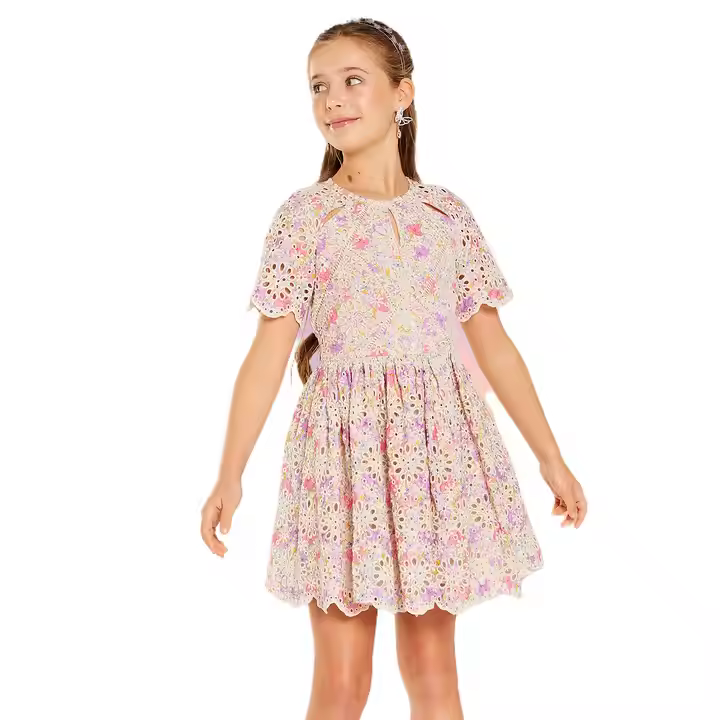 Custom Floral Embroidery Short Sleeve Summer Dresses for Teens Young Girls 10-14 Years Factory Direct