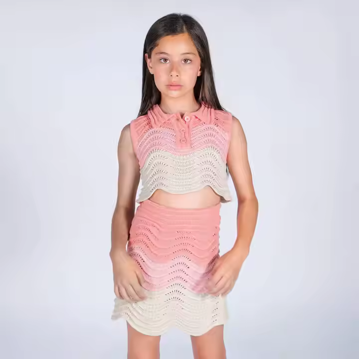 Custom Girls Pink Beige Knitted Sleeveless Sweater Top Straight Skirt Sets Summer Light Weight Kids Knitted Sets Button Factory
