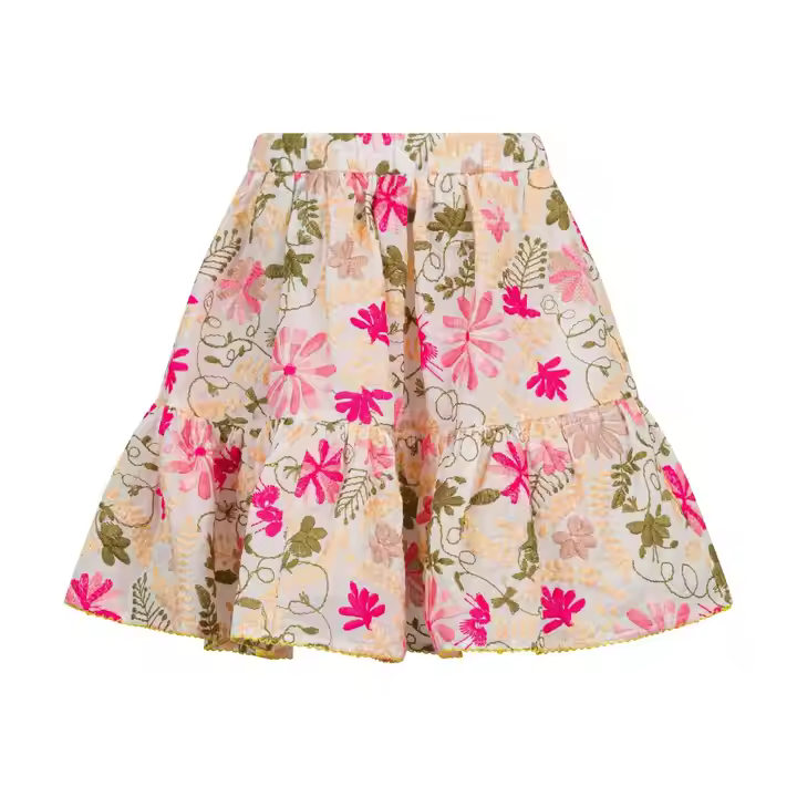 Custom Floral Embroidered Summer Flare Skirts for Teenage Girls Breathable with Elastic Waist Band & Ruffle Decoration