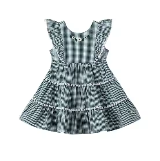 Custom Logo Summer Children Clothes Plaid Cotton Multiple Layered Embroidery Dress Guangzhou Factory Dress Kids