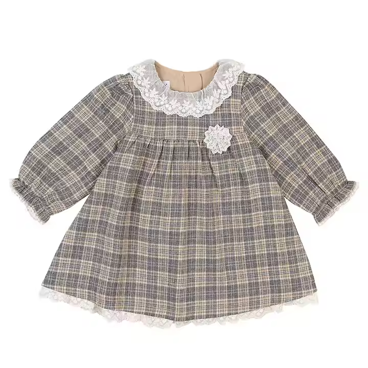 Manufacturer Custom Children's Casual Dress for Cotton Plaid Long Sleeve Lace Collar Patches Dress Latest Style