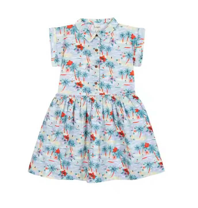 Customized Design Kids Summer Dress Cotton Fabric with All Over Print Casual Dress Girls Clothes