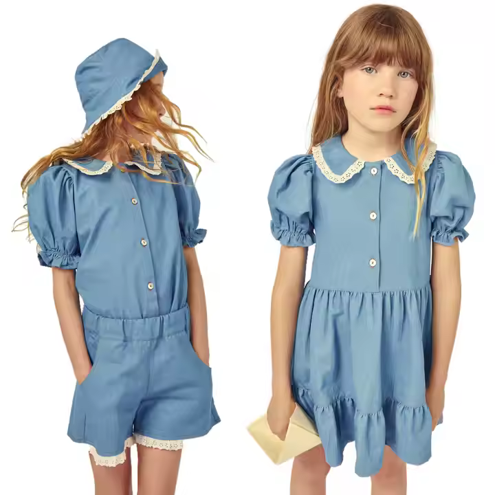 Custom Light Blue Wash Denim Collection for Girls Peter Pan Collar Blouse Shorts Dress Two-Piece Set in Kids Size