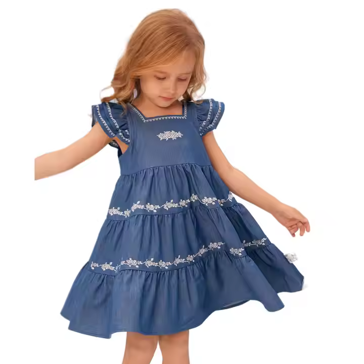 Guangzhou ODM Supply Summer Floral Embroidery Square Neck for Tencel Denim Dress for Girls Kids with Flare Sleeves Solid Pattern